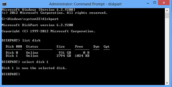 diskpart in command prompt