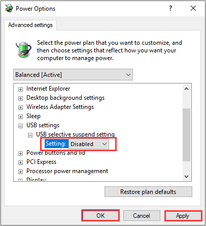 expand USB selective suspend settings