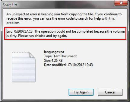 error 0x80071ac3: volume is dirty