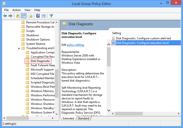 Disc Diagnostic: Configure execution level