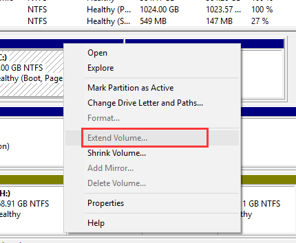 extend volume greyed out