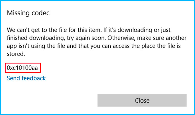 Missing codec error (0xc10100aa) can't play